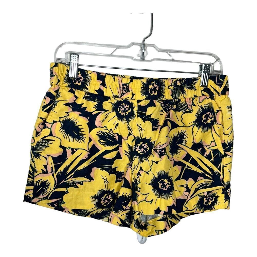 J Crew Womens‎ Shorts 4 Casual Linen Cotton Blend Elastic Waist Yellow Floral